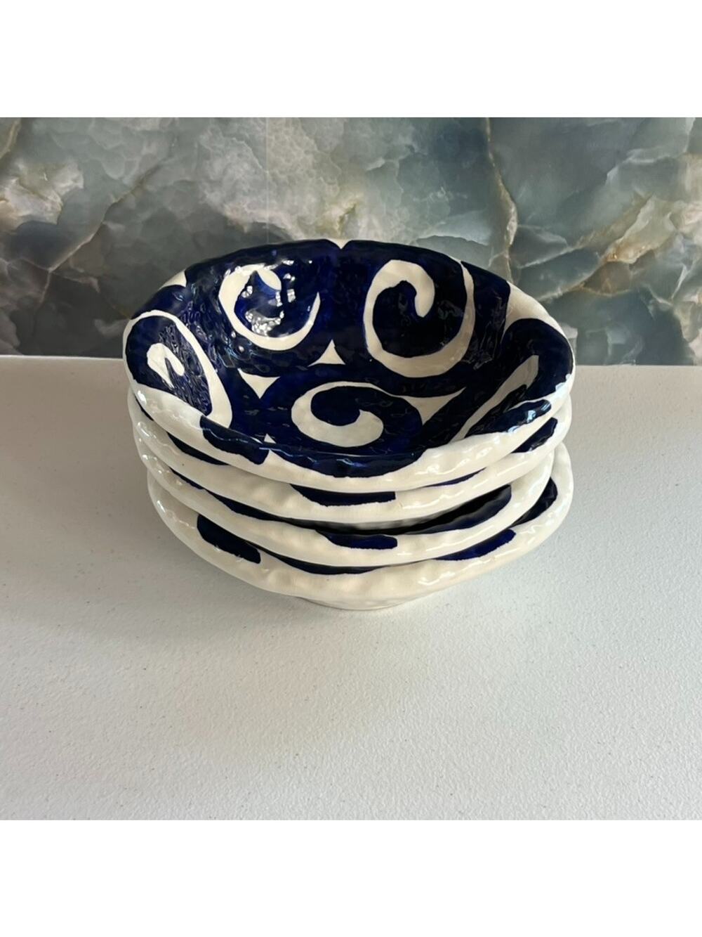 Mariposa Ceramic Bowl Set of 4 7" Blue Swirl Design Handmade In Italy